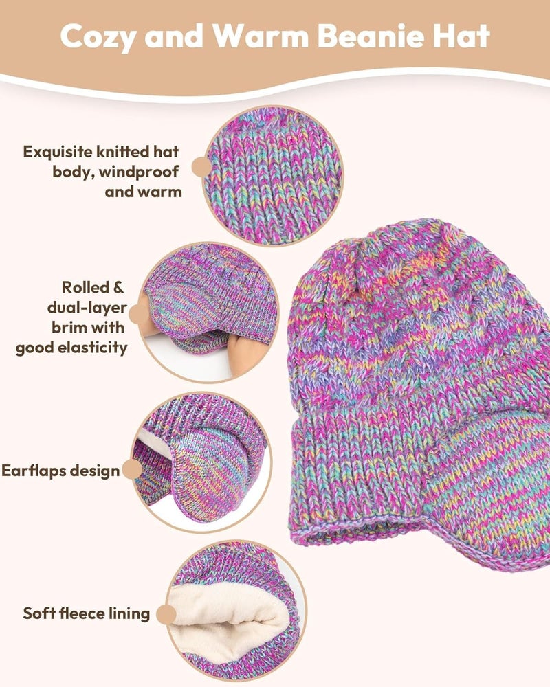 EAONE Kids Winter Hat Gloves Scarf Set,Toddler Girls Boys Beanie Hat with Earflaps,Knit Mittens & Neck Gaiter Warmer for Kids 4-12 - Image 2